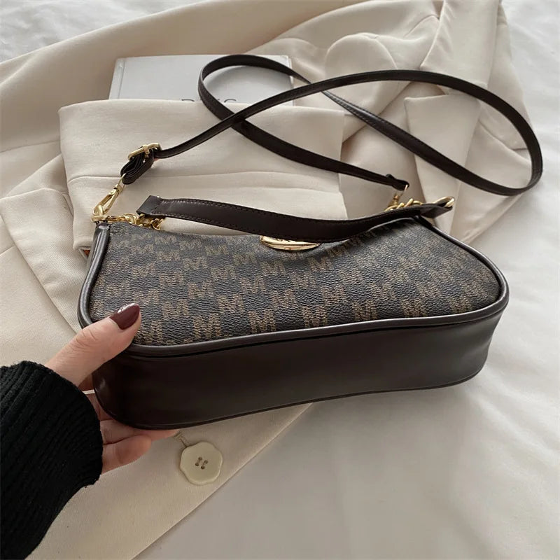 Bolsa crossbody estilo vintage, bolsa mensageiro de ombro de couro pu com design de letra dourada 'M', bolsa tote de couro sintético, bolsa