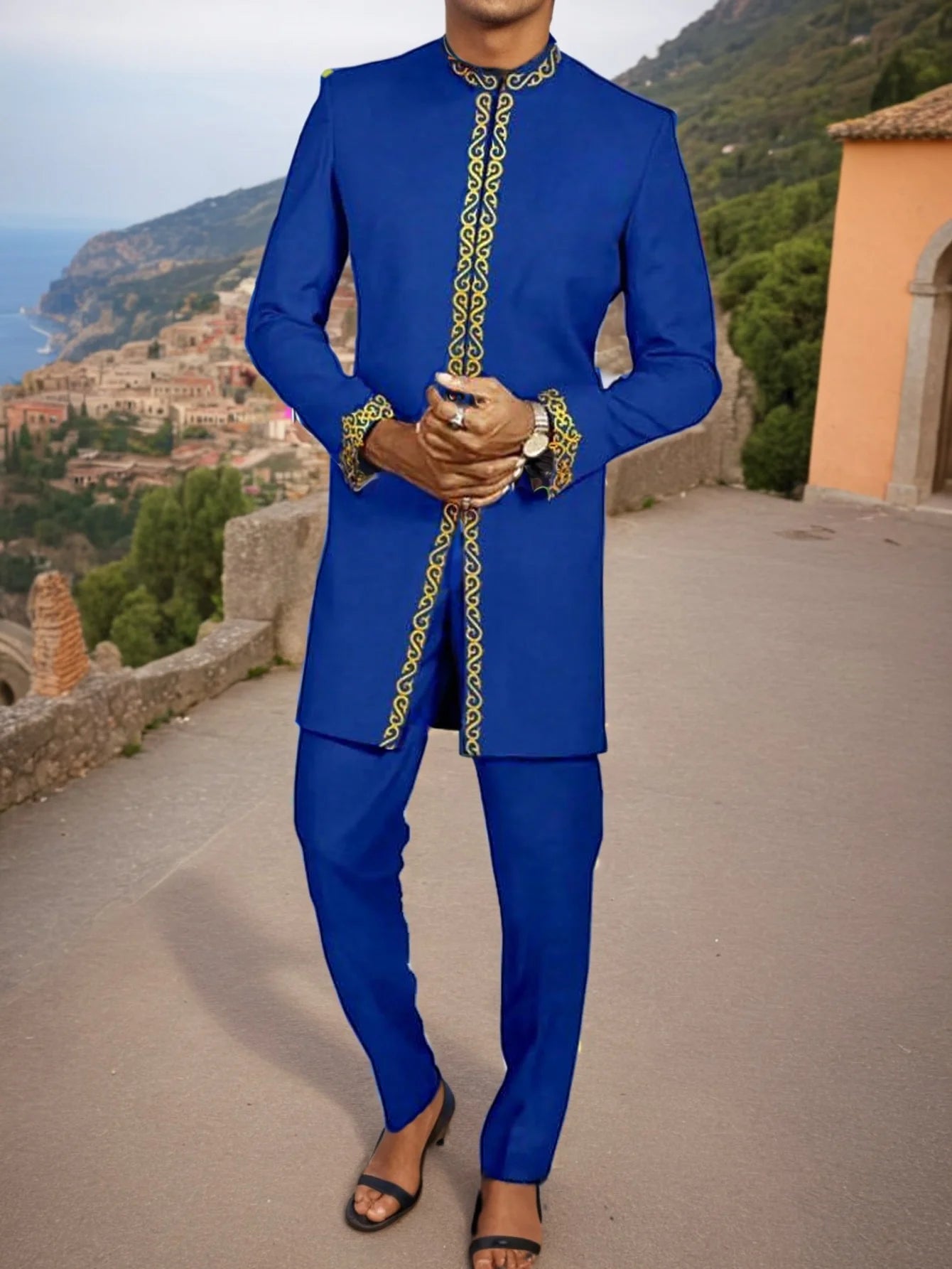 Traje Masculino Africano com Bordado Temos, Conjunto de Duas Peças, Calça Longa, Estilo Étnico Casual, Traje de Casamento, Terno para Noivos.