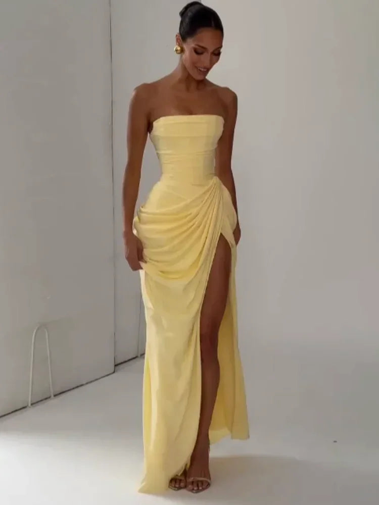 Vestido Elegante Amarelo Plissado Sem Alças para Mulheres, Chique, Sem Mangas, com Cintura Marcada e Fenda, Vestido Longo para Festas Noturnas Femininas 2026
