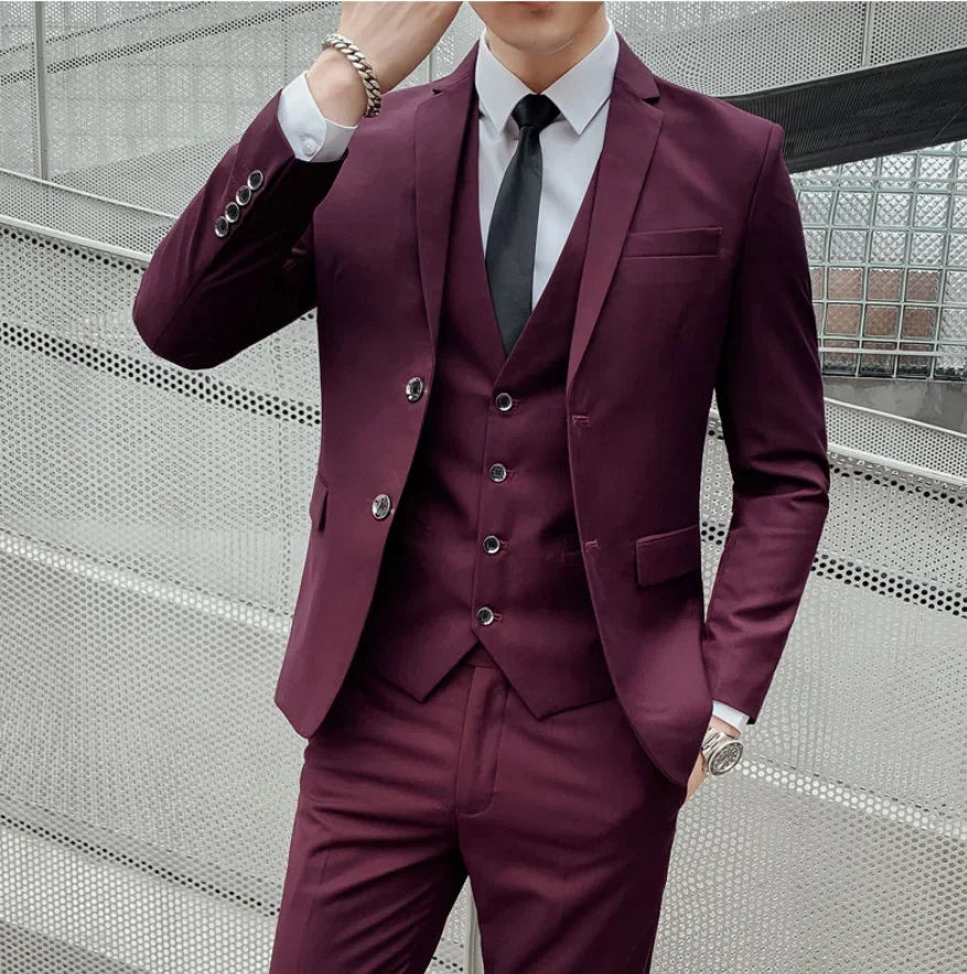 Terno (blazer + colete + calças) moda masculina negócios ao ar livre tendência cor sólida casual fino-ajuste casamento anfitrião cavalheiro terno 6xl