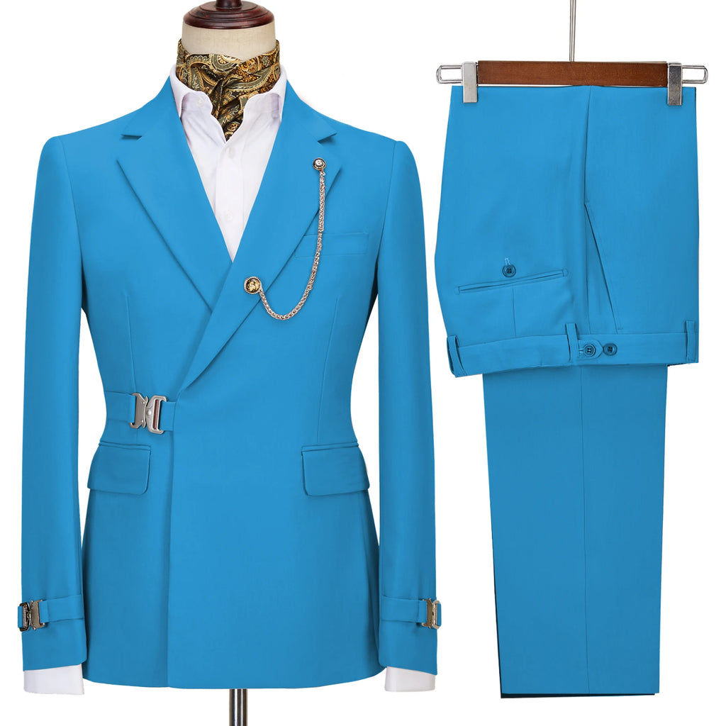 Terno de negócios masculino com fivela de metal, jaqueta casual, casaco boutique, vestido de noiva do noivo, blazers e calças, moda elegante