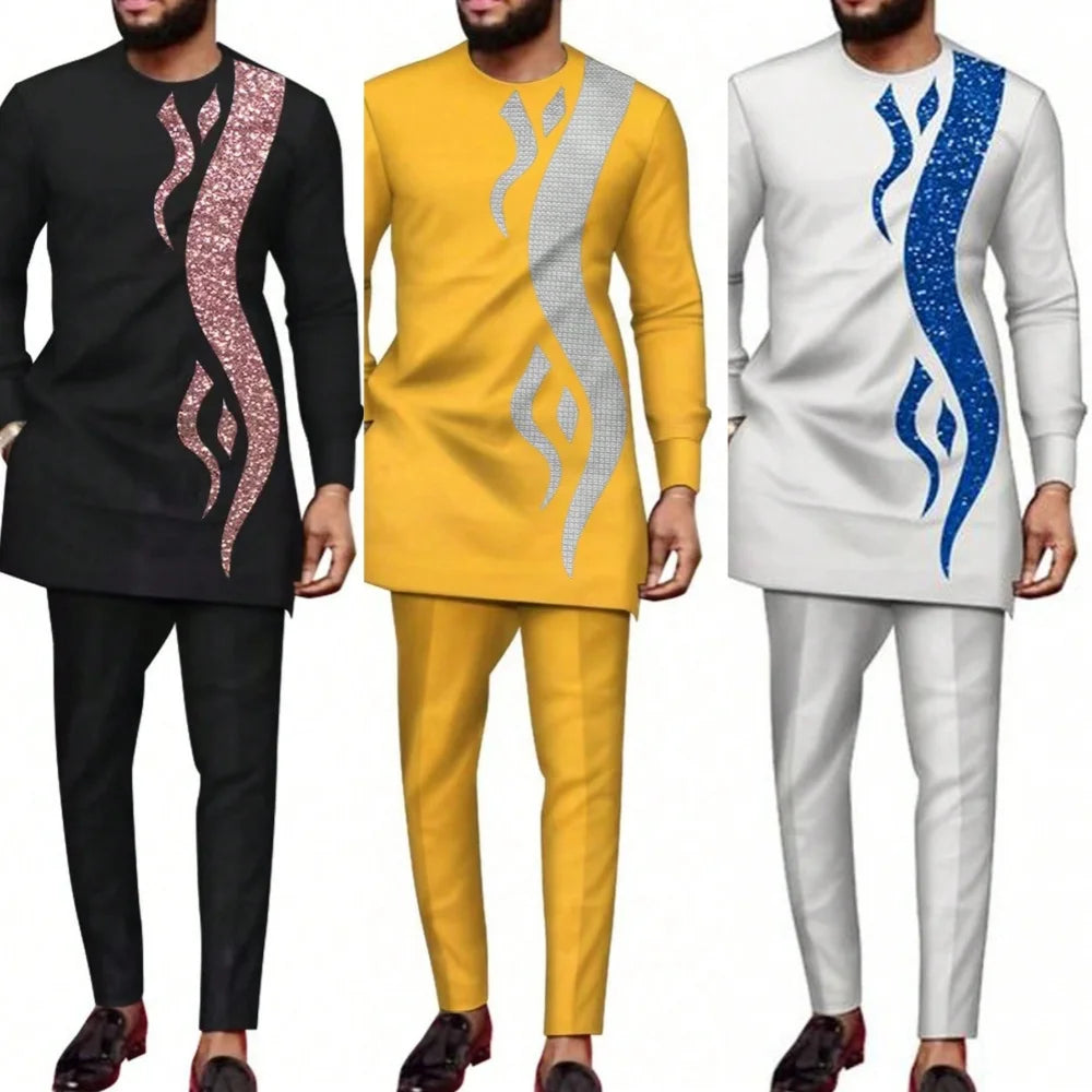Traje Masculino Africano com Bordado Temos, Conjunto de Duas Peças, Calça Longa, Estilo Étnico Casual, Traje de Casamento, Terno para Noivos.