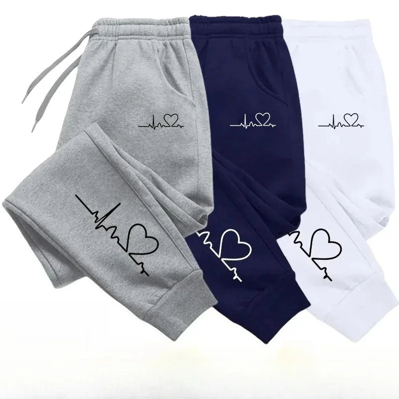 Calça de moletom feminina com estampa de coração, casual, de alta qualidade, fitness, moda, baggy, quente, esporte de rua, corrida, uso diário