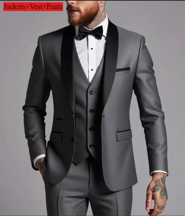 Conjunto de terno formal masculino negócios casual fino ajuste smoking para casamento, lapela de entalhe de manga longa, noivo
