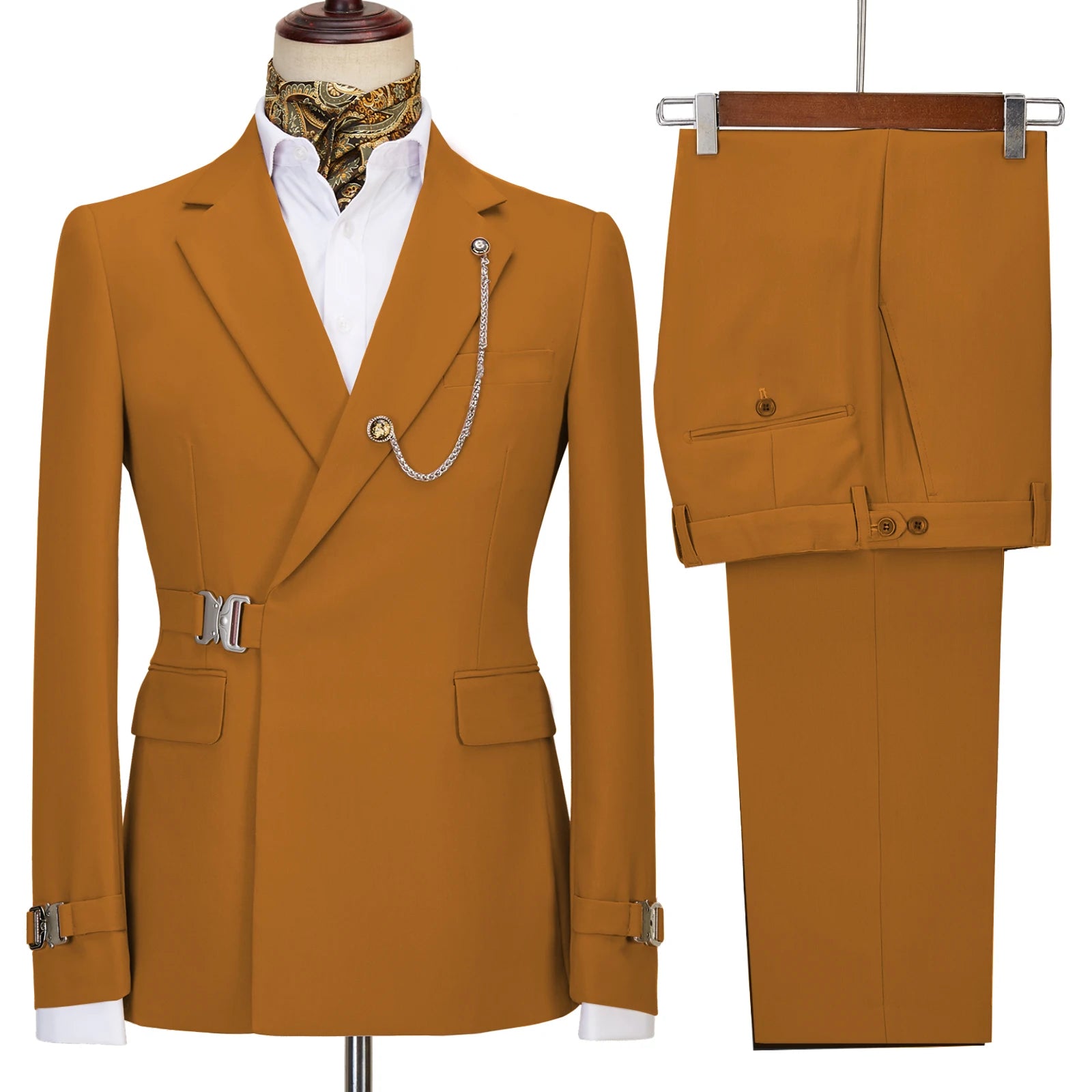 Terno de negócios masculino com fivela de metal, jaqueta casual, casaco boutique, vestido de noiva do noivo, blazers e calças, moda elegante
