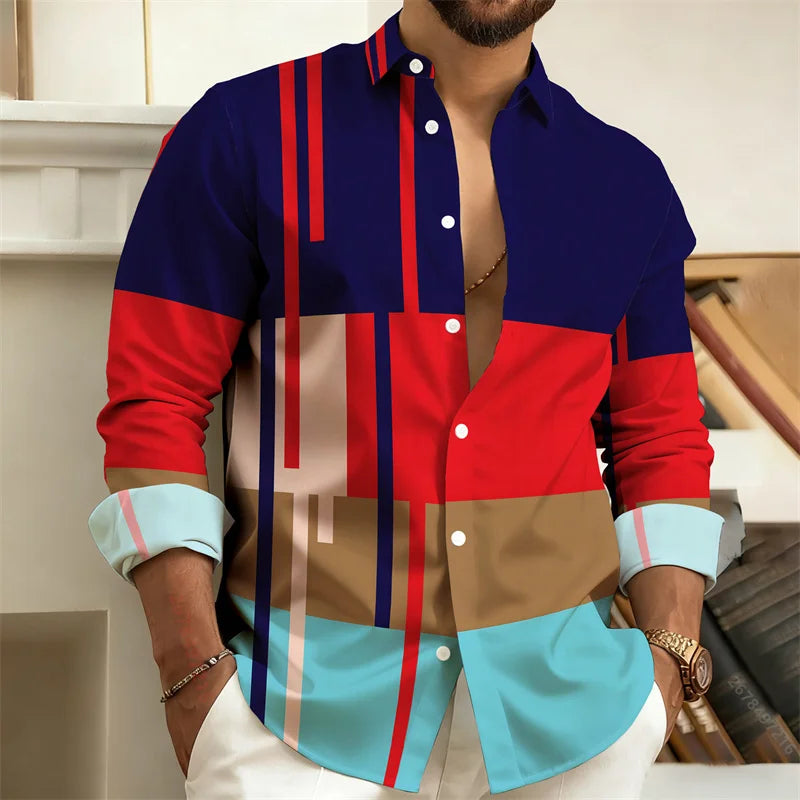 Camisa masculina listrada de manga comprida com bloqueio de cores, camisa casual de negócios estilo retrô, top moderno masculino slim fit, tamanhos S-6XL