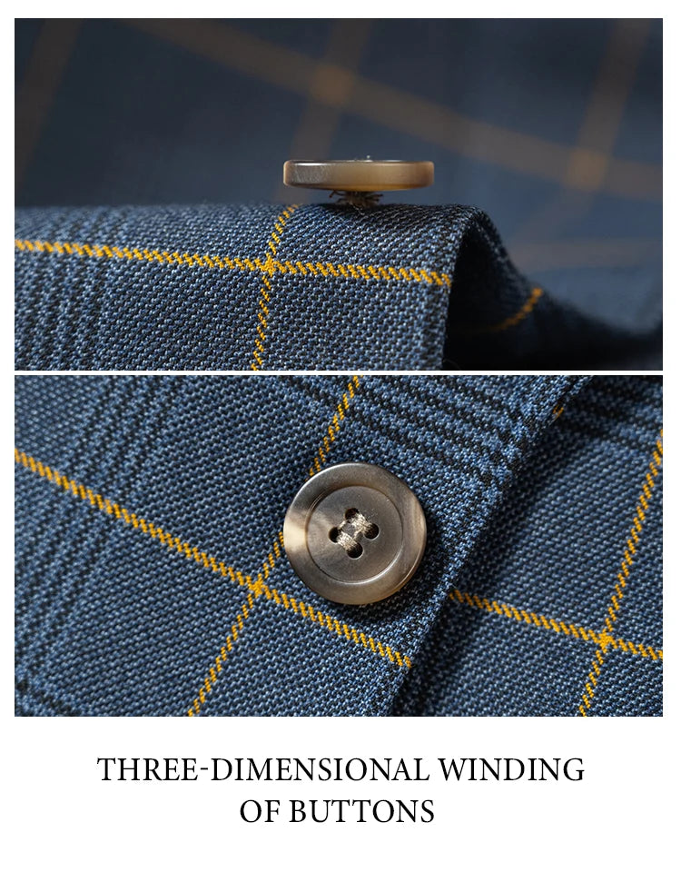 Conjunto de terno xadrez de 3 peças, azul escuro, elegante, para negócios, escritório, casamento, traje formal, elegante, completo, para jantar.