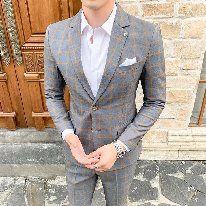 Terno de negócios fino ajuste masculino alta qualidade boutique moda conjunto de duas peças bonito tendência banquete quatro estações calças incluídas