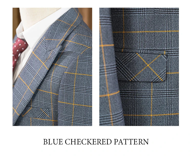 Conjunto de terno xadrez de 3 peças, azul escuro, elegante, para negócios, escritório, casamento, traje formal, elegante, completo, para jantar.