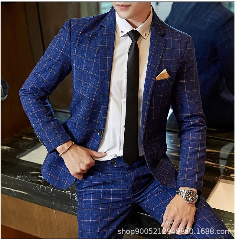 Terno de casamento xadrez fino ajuste masculino jaqueta estilo coreano negócios casual terno único breasted com conjunto de padrinhos de casamento wear