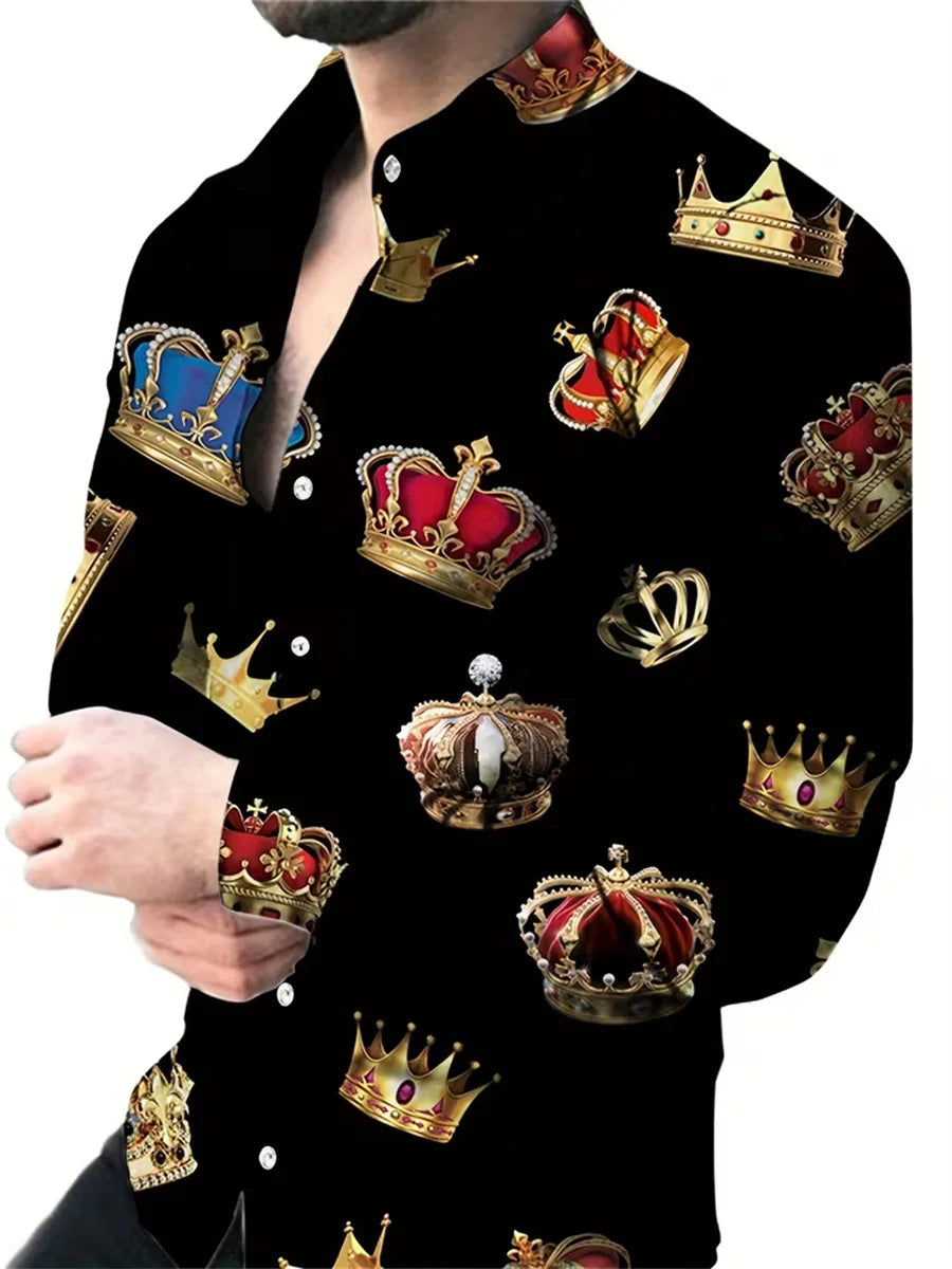 Camisa masculina de manga comprida com design de estampa de linha geométrica preta e dourada, blusa cardigã casual elegante, tecido confortável.