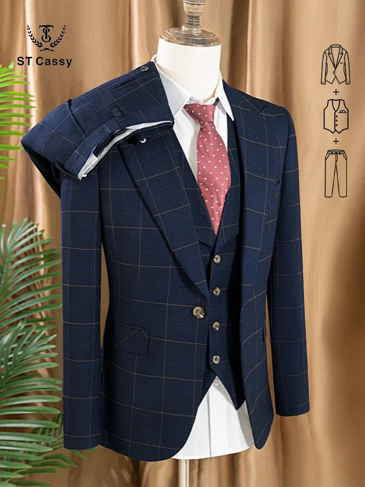 Conjunto de terno xadrez de 3 peças, azul escuro, elegante, para negócios, escritório, casamento, traje formal, elegante, completo, para jantar.