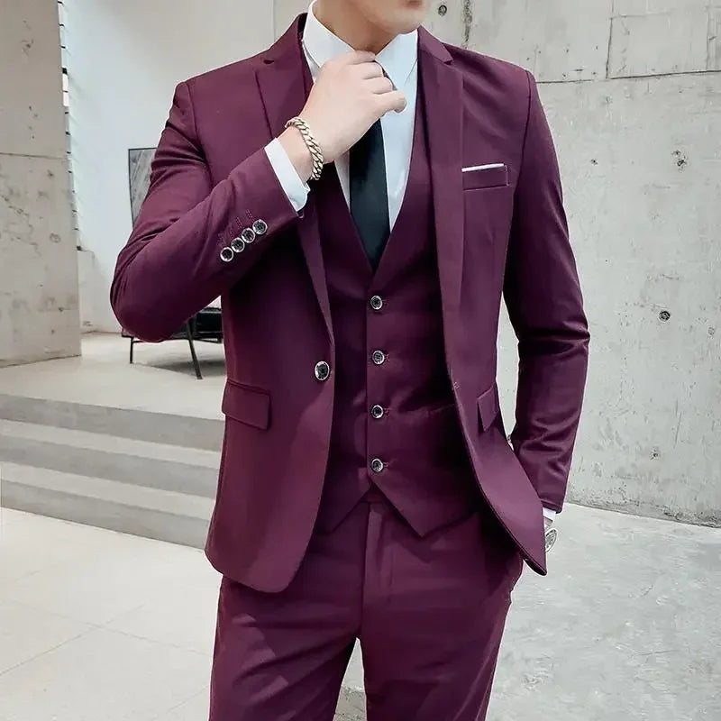 Terno (blazer + colete + calças) moda masculina negócios ao ar livre tendência cor sólida casual fino-ajuste casamento anfitrião cavalheiro terno 6xl
