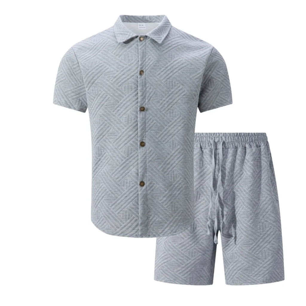 Conjunto Casual Masculino de Verão 2026: Camisa de Manga Curta com Gola Lapela em Tricô Waffle Jacquard de Cor Sólida e Shorts - Lançamento Quente!