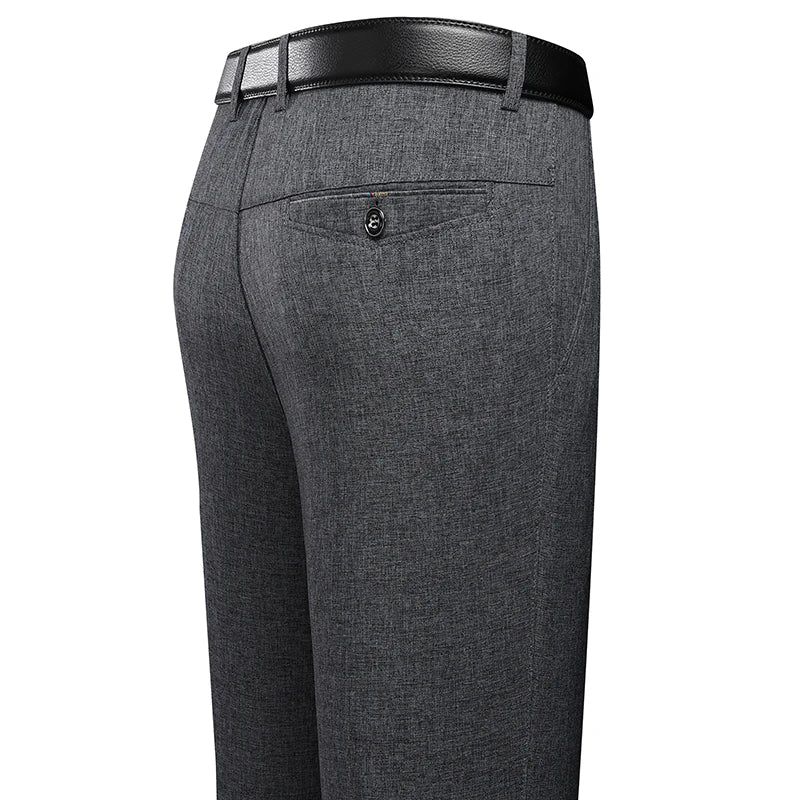 Calças masculinas negócios calças casuais verão outono vestido calças retas elástico preto cinza solto calças formais