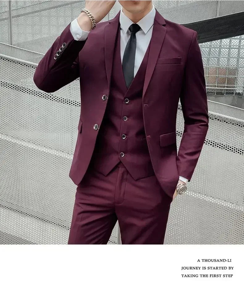 Terno (blazer + colete + calças) moda masculina negócios ao ar livre tendência cor sólida casual fino-ajuste casamento anfitrião cavalheiro terno 6xl