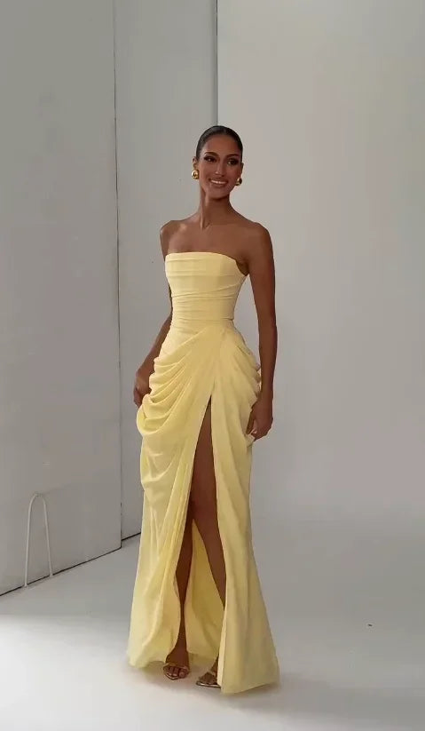 Vestido Elegante Amarelo Plissado Sem Alças para Mulheres, Chique, Sem Mangas, com Cintura Marcada e Fenda, Vestido Longo para Festas Noturnas Femininas 2026