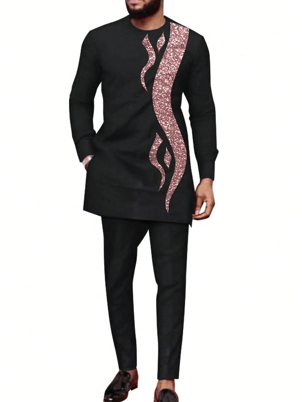 Traje Masculino Africano com Bordado Temos, Conjunto de Duas Peças, Calça Longa, Estilo Étnico Casual, Traje de Casamento, Terno para Noivos.