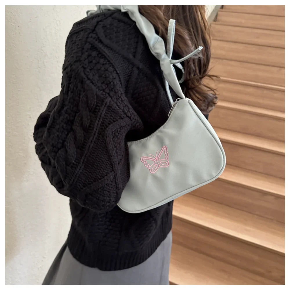 Bordado bowknot borboleta bolsa de ombro y2k-estilo plissado alça náilon arco sacola maquiagem batom bolsa nova
