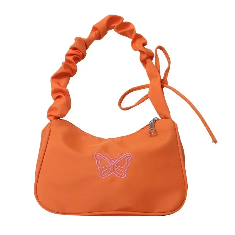 Bordado bowknot borboleta bolsa de ombro y2k-estilo plissado alça náilon arco sacola maquiagem batom bolsa nova
