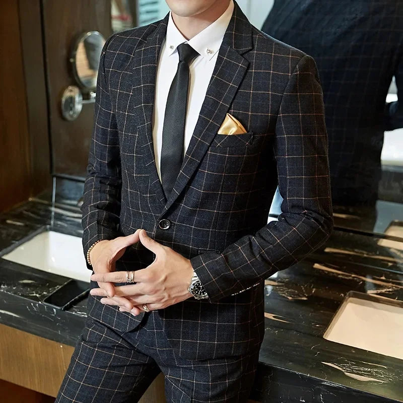 Terno de casamento xadrez fino ajuste masculino jaqueta estilo coreano negócios casual terno único breasted com conjunto de padrinhos de casamento wear