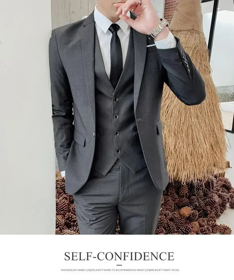 Terno (blazer + colete + calças) moda masculina negócios ao ar livre tendência cor sólida casual fino-ajuste casamento anfitrião cavalheiro terno 6xl