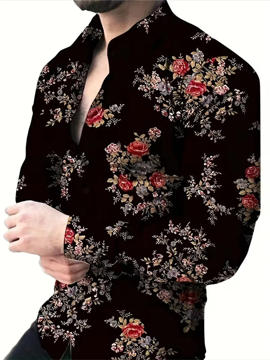 Camisa masculina de manga comprida com design de estampa de linha geométrica preta e dourada, blusa cardigã casual elegante, tecido confortável.