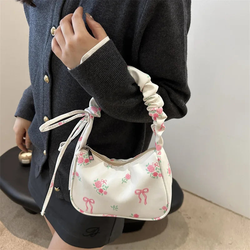 Bolsas femininas nova doce impressão bolsas de lona coreano floral arco impresso zíper sacola feminina pequena bolsa de ombro