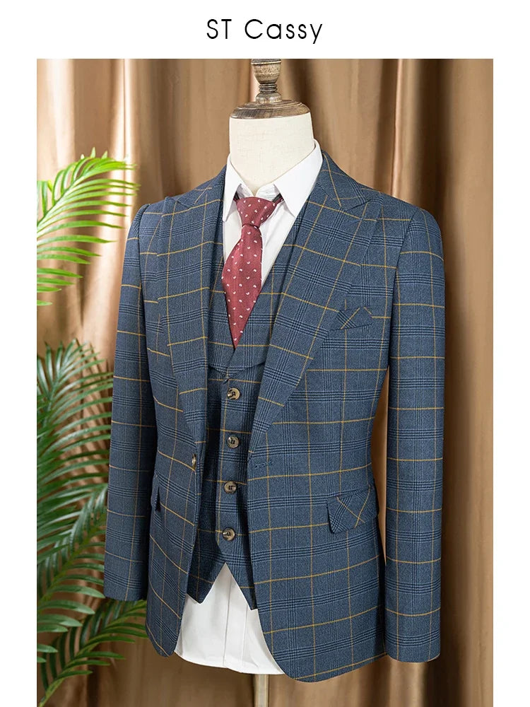 Conjunto de terno xadrez de 3 peças, azul escuro, elegante, para negócios, escritório, casamento, traje formal, elegante, completo, para jantar.