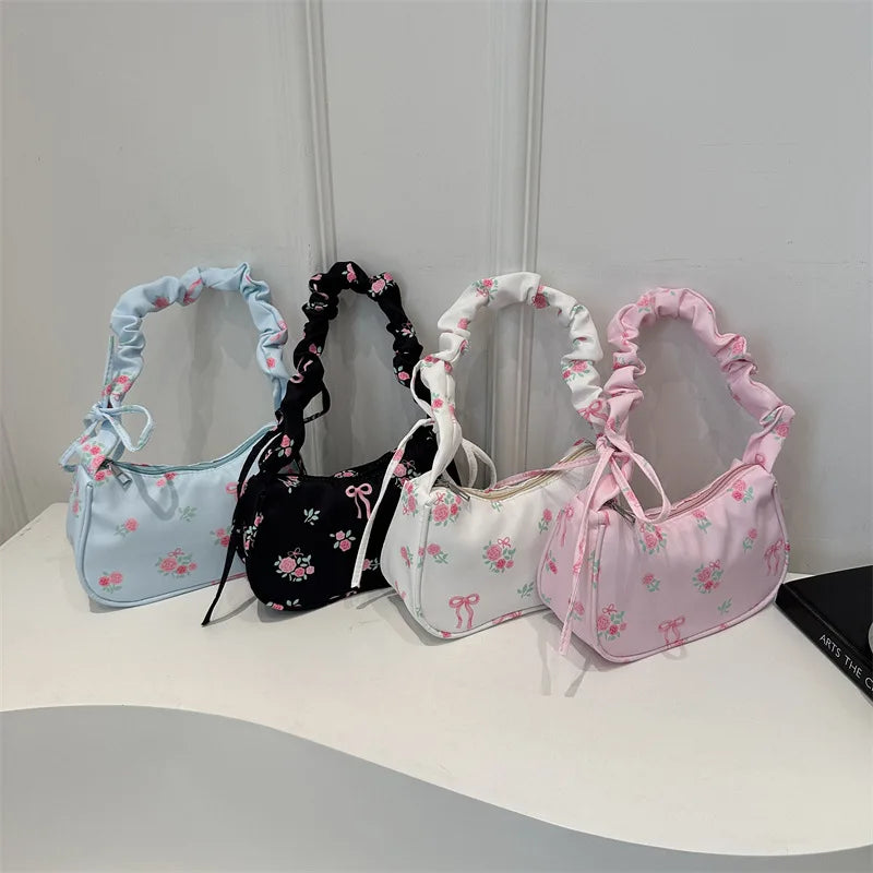 Bolsas femininas nova doce impressão bolsas de lona coreano floral arco impresso zíper sacola feminina pequena bolsa de ombro
