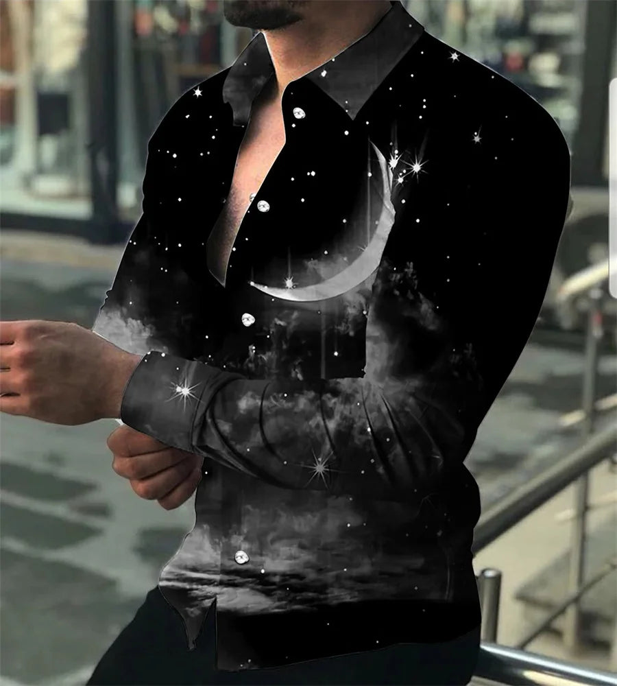 Camisa masculina de manga comprida com design de estampa de linha geométrica preta e dourada, blusa cardigã casual elegante, tecido confortável.
