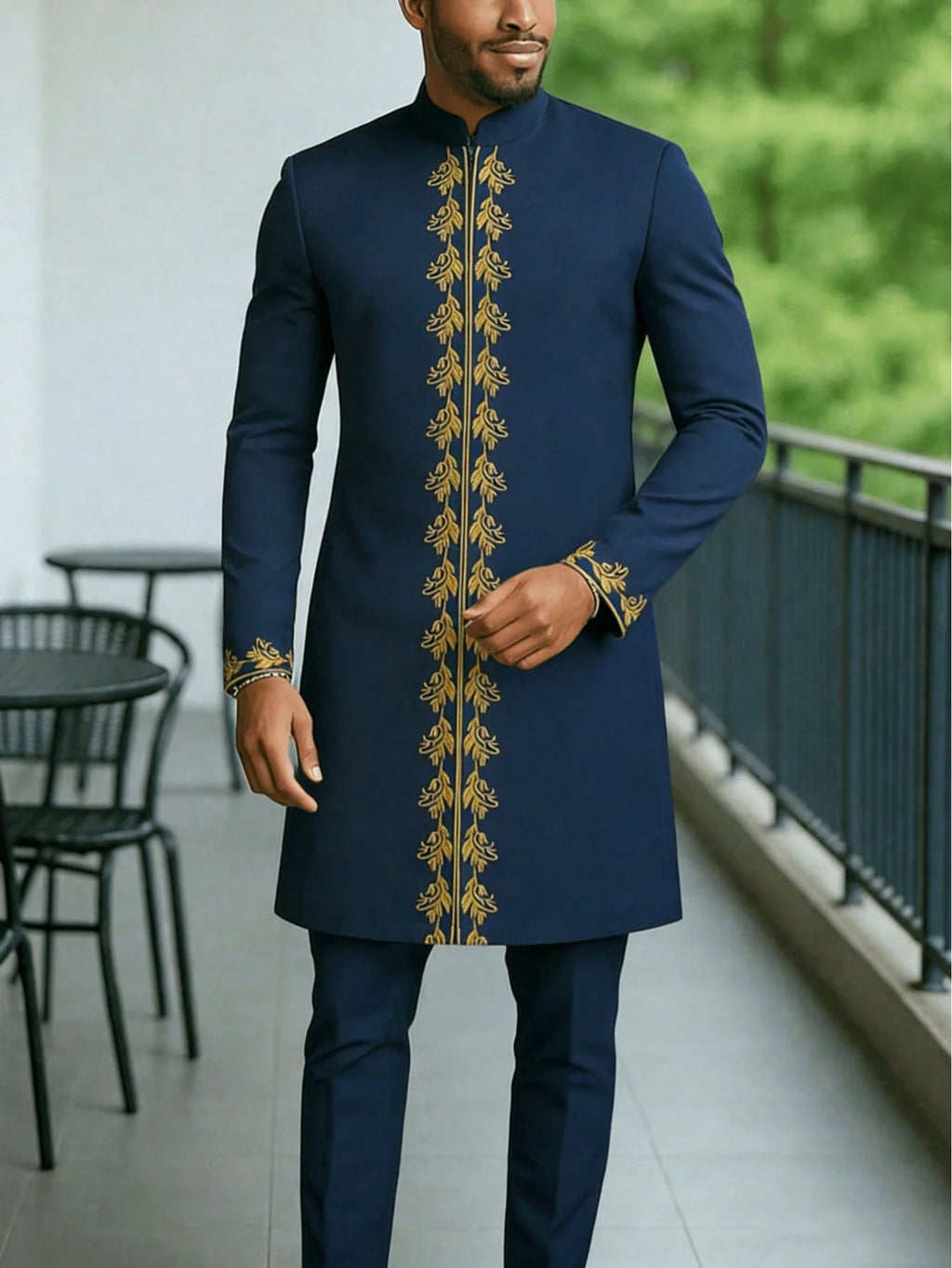 Traje Masculino Africano com Bordado Temos, Conjunto de Duas Peças, Calça Longa, Estilo Étnico Casual, Traje de Casamento, Terno para Noivos.