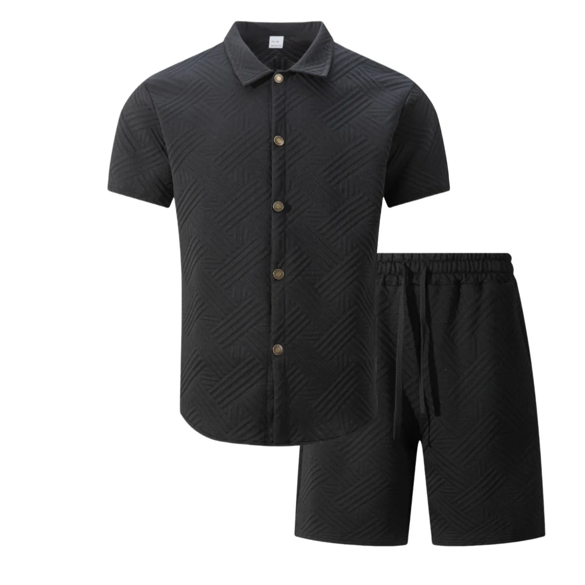 Conjunto Casual Masculino de Verão 2026: Camisa de Manga Curta com Gola Lapela em Tricô Waffle Jacquard de Cor Sólida e Shorts - Lançamento Quente!