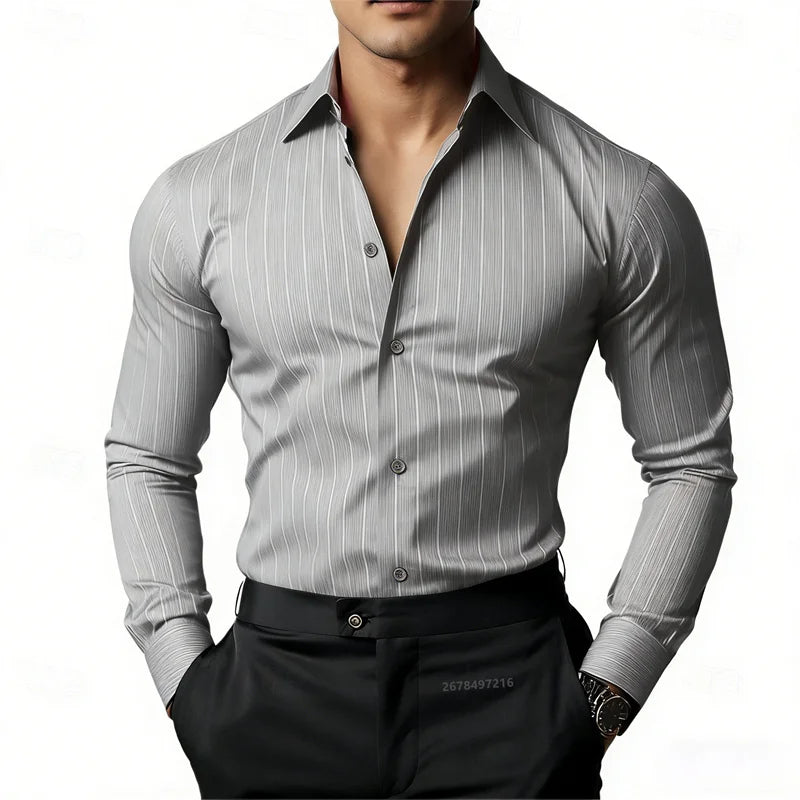 Camisa masculina listrada de manga comprida, business casual, versátil, com gola lapela e design de botão, disponível em 19 cores.