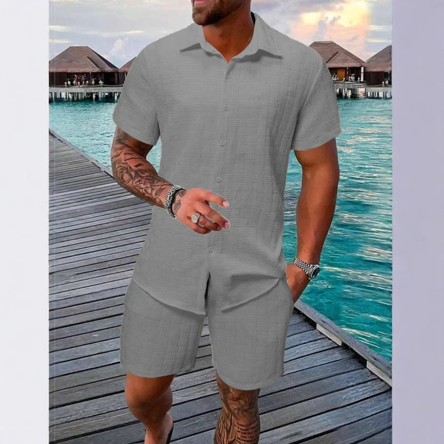 2025 novo verão masculino de manga curta terno lapela moda casual praia listrado terno xadrez