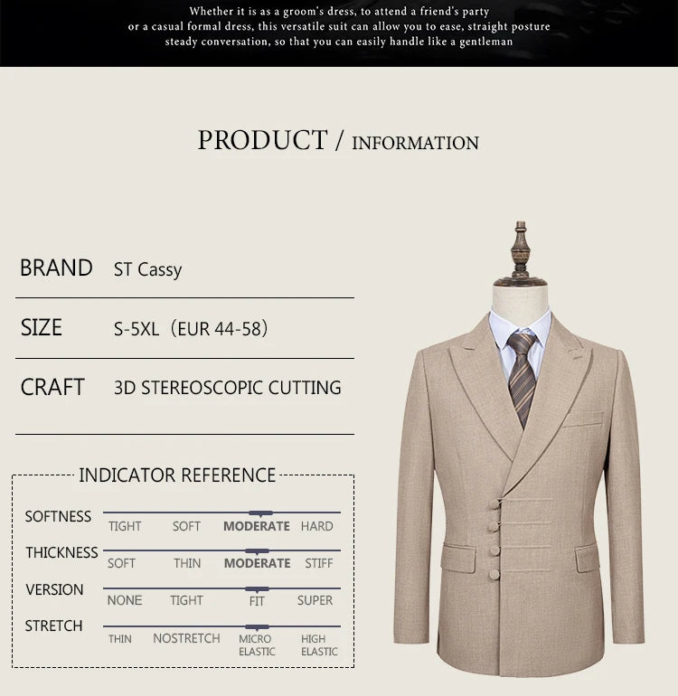 Terno masculino elegante ST Cassy para casamento, cinza, slim fit, trespassado, com vários botões, casual, para negócios, conjunto de 2 peças para festa.