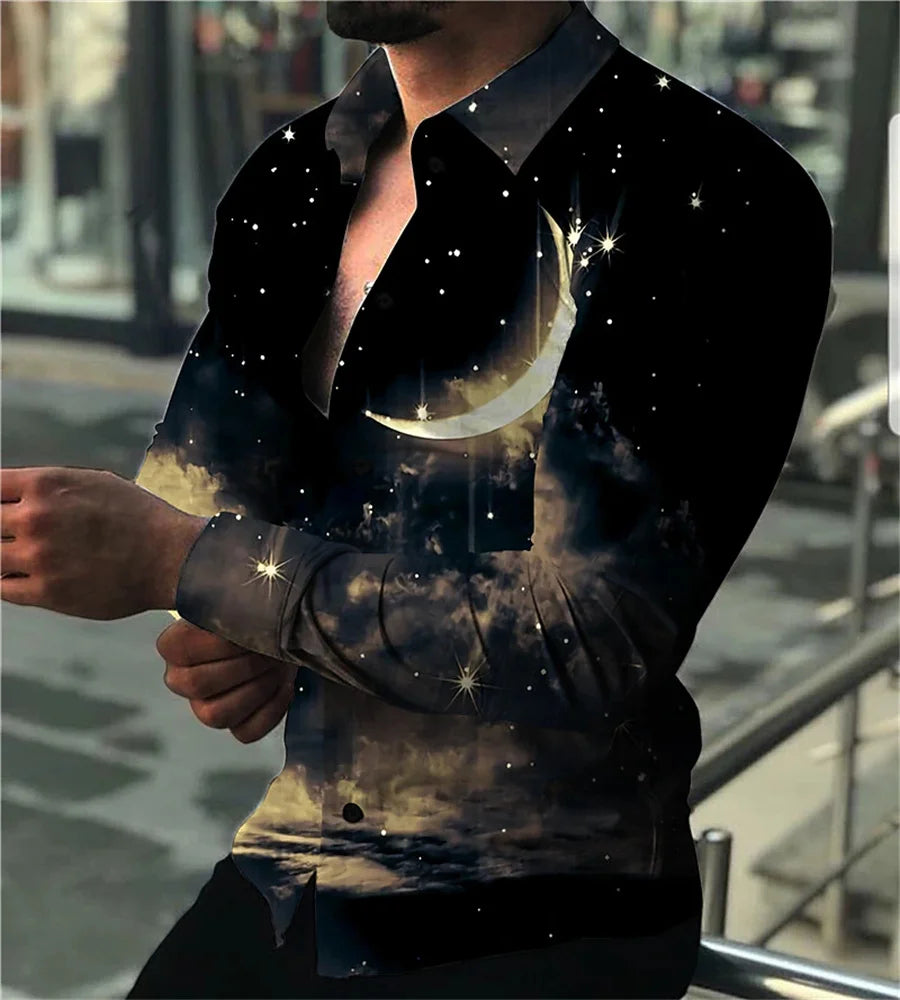 Camisa masculina de manga comprida com design de estampa de linha geométrica preta e dourada, blusa cardigã casual elegante, tecido confortável.