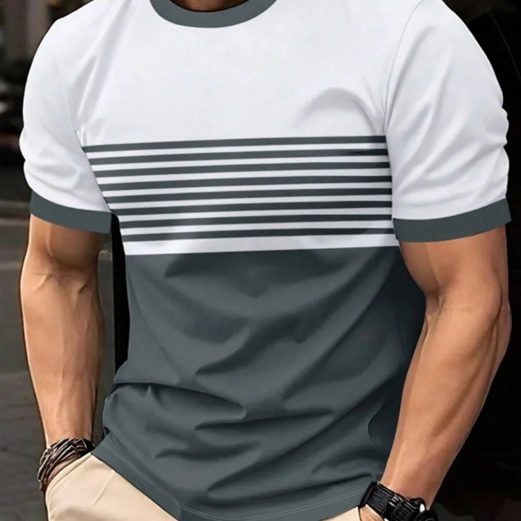 Camiseta de grandes dimensões masculina t camisa verão moda casual em torno do pescoço manga curta topo listrado impresso roupas masculinas camiseta