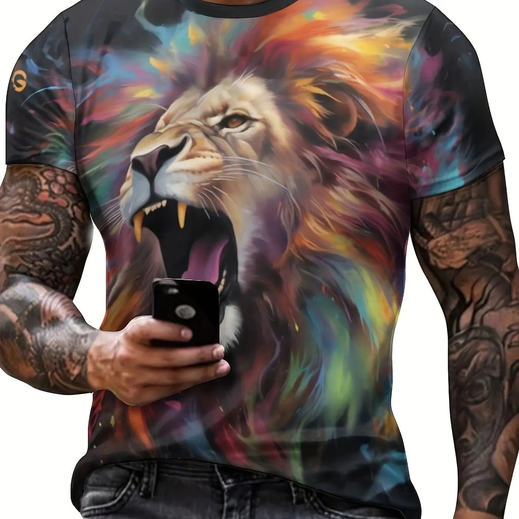 Camiseta masculina de manga curta gola redonda, leão e coroa legal impressão gráfica 3D, novidade, verão ao ar livre