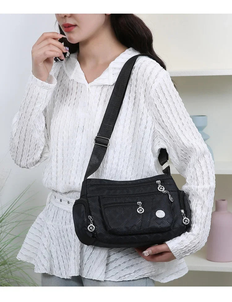 Bolsa crossbody feminina multicamadas de nylon à prova d'água, bolsa de ombro casual para mulheres de meia-idade e idosas, bolsa de grande capacidade