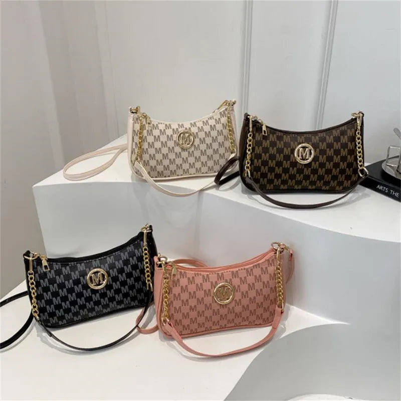 Bolsa crossbody estilo vintage, bolsa mensageiro de ombro de couro pu com design de letra dourada 'M', bolsa tote de couro sintético, bolsa