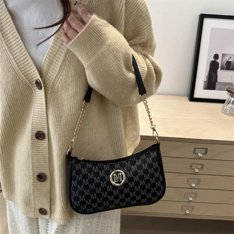 Bolsa crossbody estilo vintage, bolsa mensageiro de ombro de couro pu com design de letra dourada 'M', bolsa tote de couro sintético, bolsa