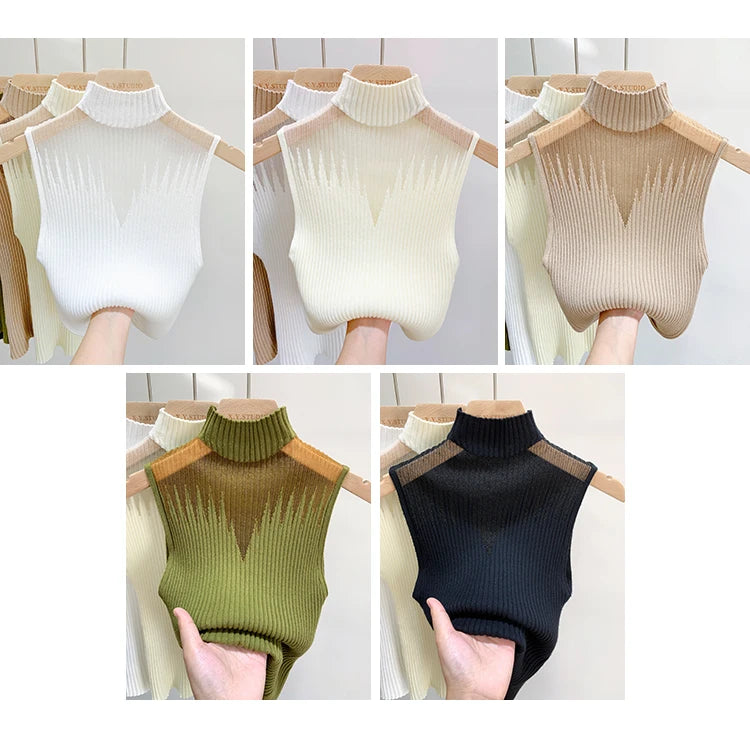 Top de malha de malha feminina y2k regata meio pescoço colete feminino sem mangas camisola chique corte streetwear sólido magro tubo topo