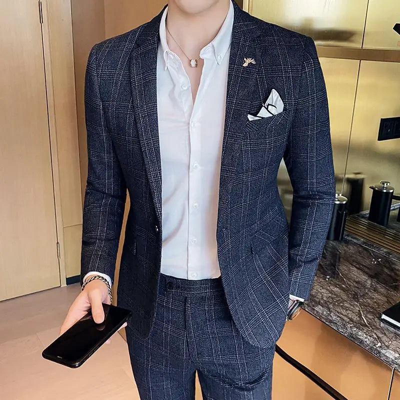 Terno de negócios fino ajuste masculino alta qualidade boutique moda conjunto de duas peças bonito tendência banquete quatro estações calças incluídas