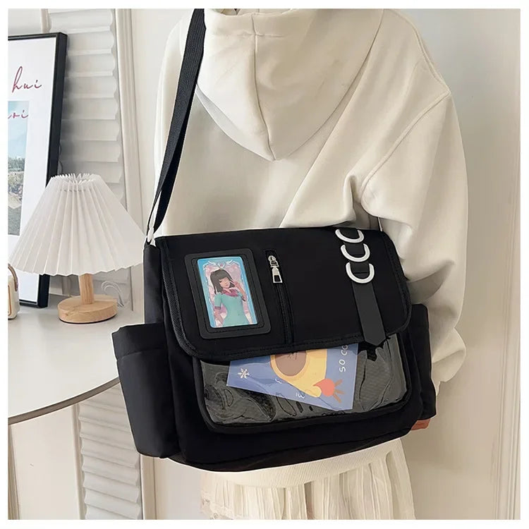 Y2k japonês harajuku sacos de escola para meninas novo transparente itabag ombro crossbody saco diy emblemas placa exibição ita saco