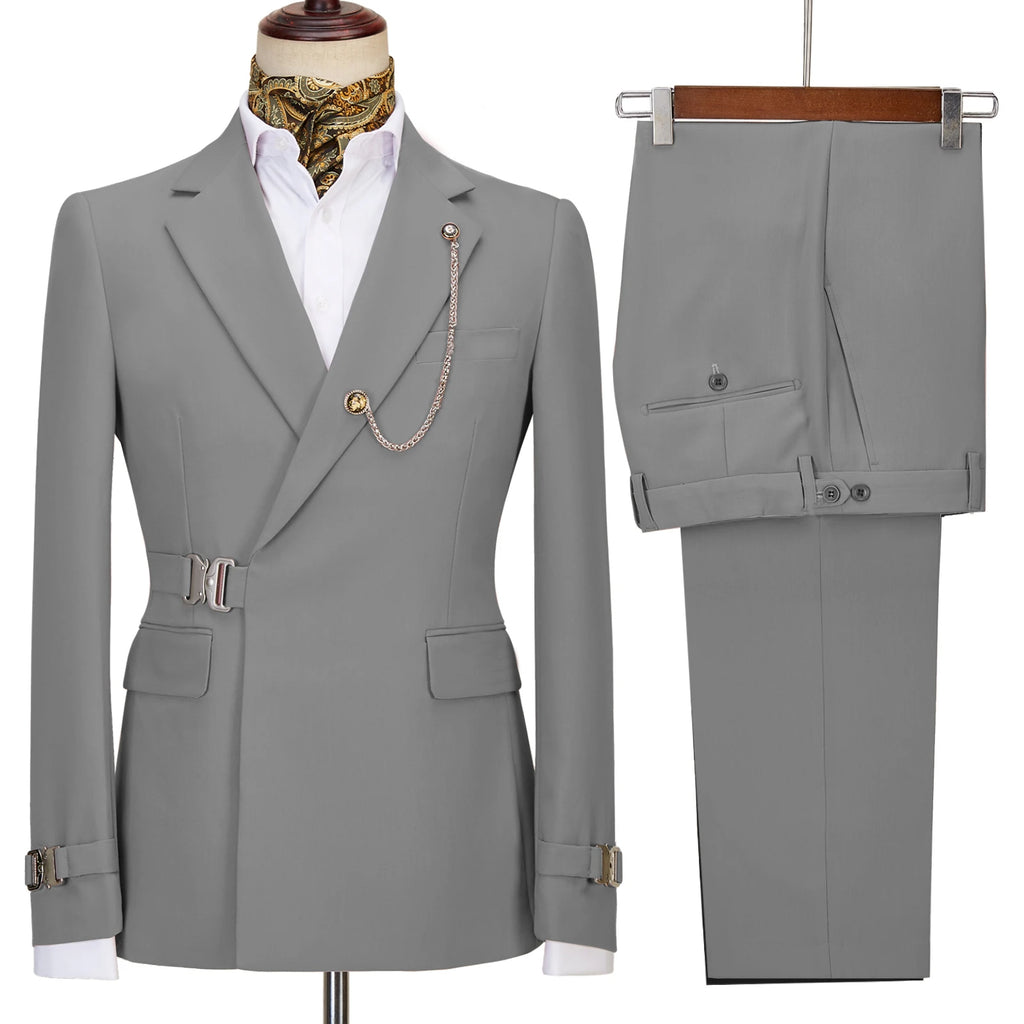 Terno de negócios masculino com fivela de metal, jaqueta casual, casaco boutique, vestido de noiva do noivo, blazers e calças, moda elegante