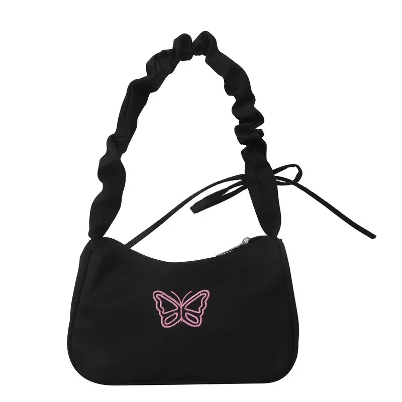 Bordado bowknot borboleta bolsa de ombro y2k-estilo plissado alça náilon arco sacola maquiagem batom bolsa nova