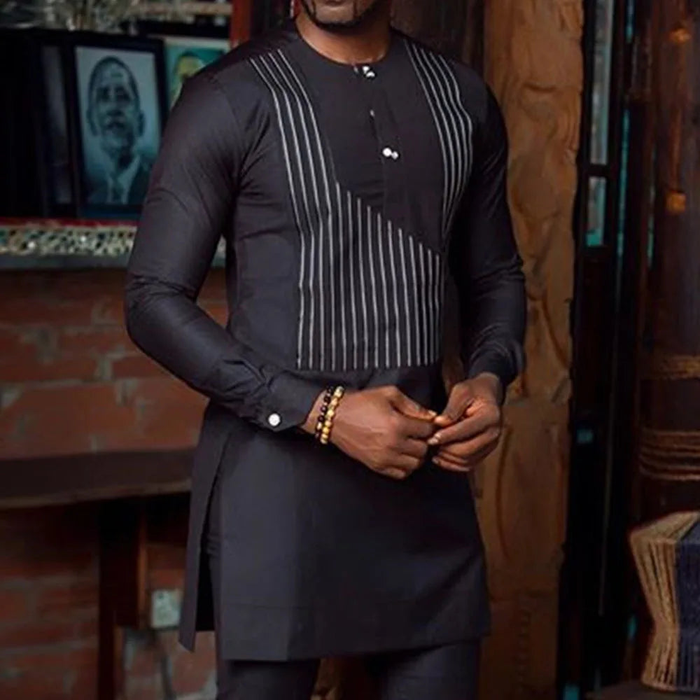 Traje Masculino Africano com Bordado Temos, Conjunto de Duas Peças, Calça Longa, Estilo Étnico Casual, Traje de Casamento, Terno para Noivos.