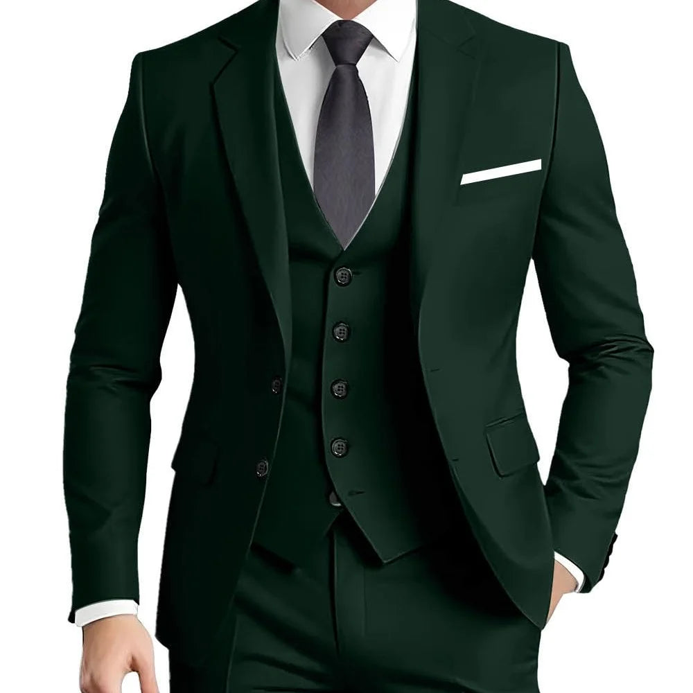 Terno Masculino Verde Oliva com Lapela Pontiaguda, Conjunto Formal de 3 Peças (Jaqueta, Calça e Colete) para Ocasiões de Festa em Casa