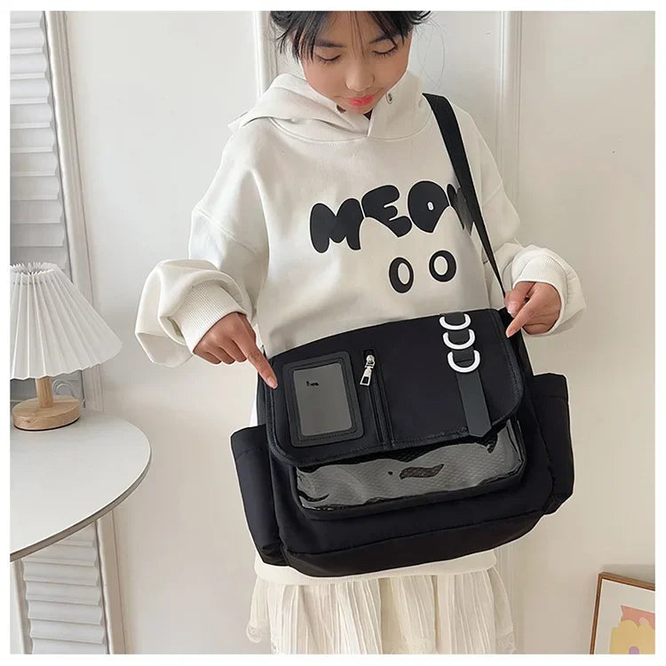Y2k japonês harajuku sacos de escola para meninas novo transparente itabag ombro crossbody saco diy emblemas placa exibição ita saco